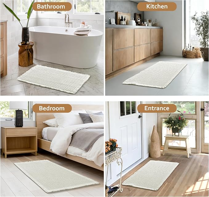 JIUZHEN Set of 2 Waffle Bath Mats Boho Bath Rugs 16"x24"+20"x32", Cream | Non Slip, Super Absorbent, Washable, Ultra Soft, Fast Drying Waffle Bathroom Rugs for Bathroom Floor, Tub, Shower