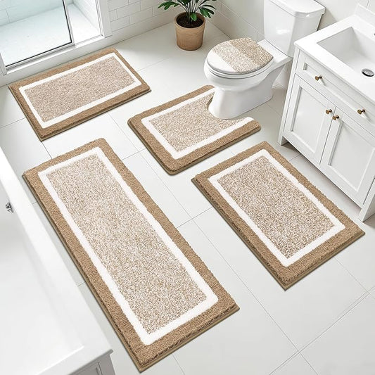 Pauwer Bathroom Rugs Set 5 Piece, Non Slip Microfiber Bath Mat, Khaki | Washable Bathroom Mat with U Shaped Toilet Rug, Long Shower Runner, Toilet Lid Cover, Quick Dry Absorbent Plush Floor Carpet