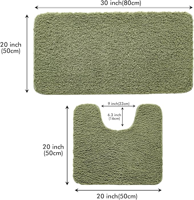 MIULEE Sage Bathroom Rugs Set 2 Piece Soft Bath Mats 20x20+20x32 Inch | Absorbent Microfiber Bath Mat and U-Shaped Toilet Rug, Non Slip, Quick Dry, for Bathroom Floor Tub Showers, Machine Washable