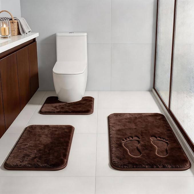 RUN HELIX Bathroom Rugs Sets 3 Piece, Soft Absorbent Memory Foam Bath Mats Set, Dry Fast Bath Mat, Machine Washable Bath Rug Set for Bathroom （Chocolate）