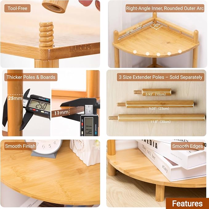 3-Tier Expandable Bamboo Corner Shelf Stand,Corner Bookshelf, Display Storage Shelves with Open Shelves, for Organization and Storage, Living Room, Home Office, Garage (Natural, 3-Tier WithRail)