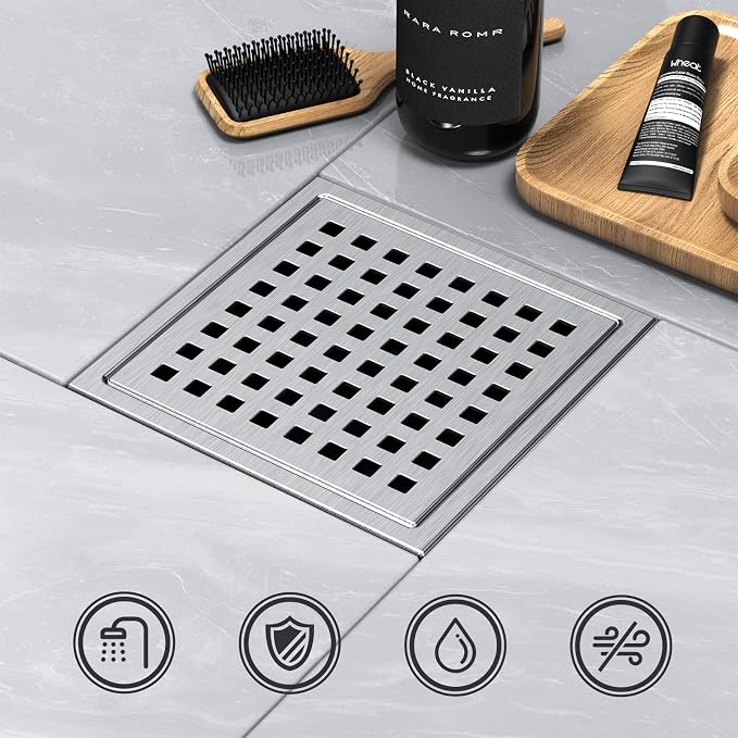 6 Inch Square Shower Drain Brushed with Removable Quadrato Pattern Grate, SUS 304 Stainless Steel Floor Drain with Flange