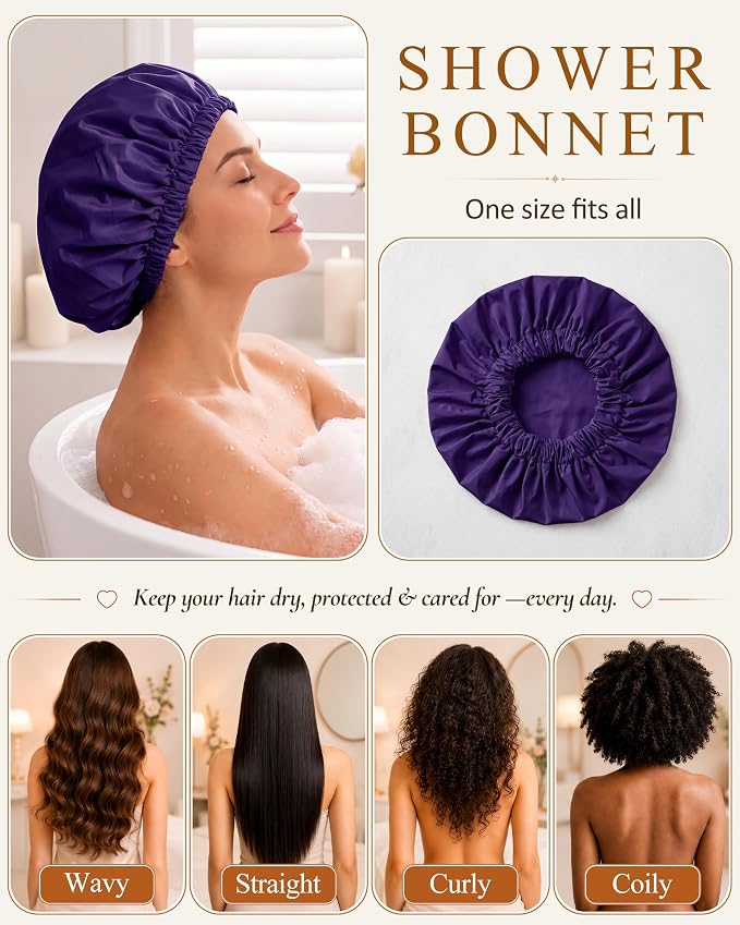Edoneery Shower Caps for Women Reusable Waterproof, Shower Hair Cap | Washable Bonnet, Wide Elastic Band, Large Fit, Holds Long Hair, Braids Friendly, Bath Accessories, Spa, Travel