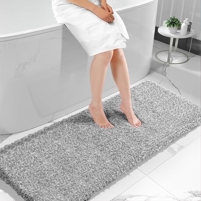 Yimobra Bathroom Runner Rug Non Slip 70" X 24", Super Absorbent Bath Rugs, Quick Dry, Luxury Extra Long Shaggy Fluffy Bath Mat for Double Vanity & Tub Side, Machine Washable, Light Gray and White