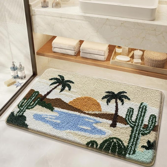 Bathroom Rug Mat, Desert Oasis Sunset Fluffy Rug with Cactus & Palm Tree, Ultra Absorbent Microfiber Shaggy Door Mat, Quick Dry Bath Rug Carpet for Toilet Bathtub Bedroom 20x31 Inch (Brown)