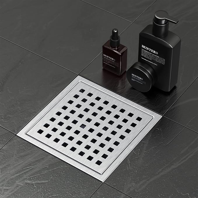 6 Inch Square Shower Drain Brushed with Removable Quadrato Pattern Grate, SUS 304 Stainless Steel Floor Drain with Flange