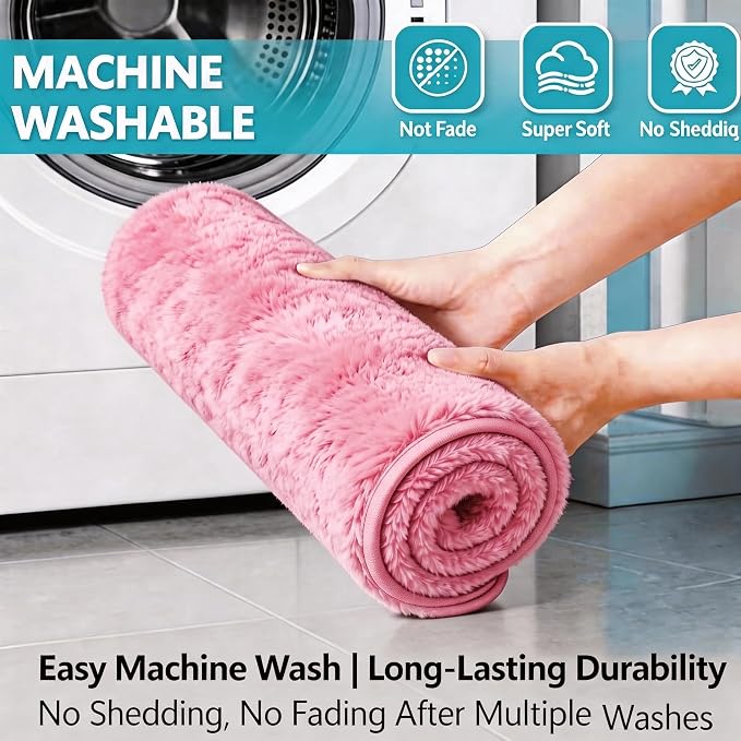 Shaggy Bathroom Rugs Set Plush Velvet Bath Rugs Non-Slip Bath Mat Set 3 Piece,Washable Mats,Absorbent Shaggy Rugs Super Soft U-Shaped Toilet Rug,Bahroom Carpets for Bathroom,Tub,Shower(Light Pink