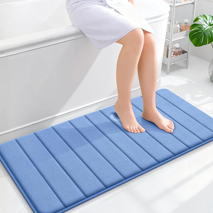 OLANLY Memory Foam Long Bathroom Rugs Runner 44x20, Super Soft Absorbent | Cornflower Blue, Quick Dry Bath Mat, Machine Washable Shower Floor Rugs, Bathmat Carpet for Bathroom Floor, Tub and Shower