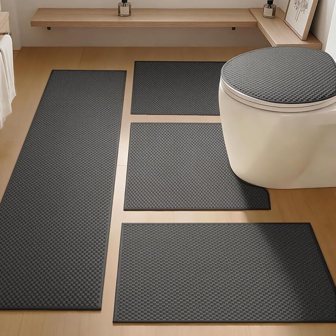 YIHOUSE Bathroom Rugs Sets 5 Piece Non Slip Washable, Absorbent Quick Dry Bath Mat Set with Toilet Mat, Weave Texture Low Profile Bath Rugs, Floor Mats for Bathroom, Tub & Shower, Dark Grey