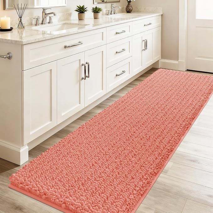 ACCUMTEK Extra Long Upgrade Luxury Coral Bathroom Rug Mat 70"x24", Ultra Soft Thick Absorbent Bath Mats, Non Slip Chenille Toilet Mat for Bathroom, Bedroom, Kitchen, Shower, Tub