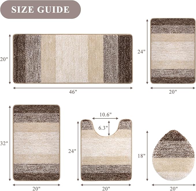 Bsmathom Bathroom Rug Set 5 Piece, Plush Microfiber Bath Mat, Dark Coffee | Extra Water Absorbent, Non Slip Washable Runner Bath Rugs with Toilet Lid Cover and U-shaped Contour Toilet Mat