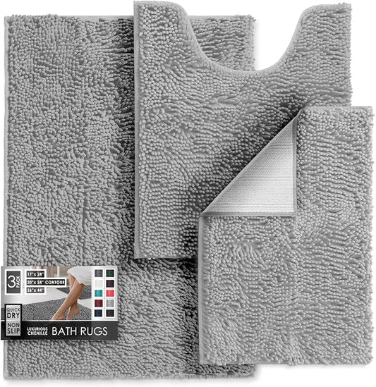 Hearth & Harbor Bathroom Rugs, Chenille Bath Mat - Machine Washable Bath Mats for Bathroom Non-Slip Backing Rubber, Quick Dry Mat - Silver Bath Rug, 17x24-26x44-20x24