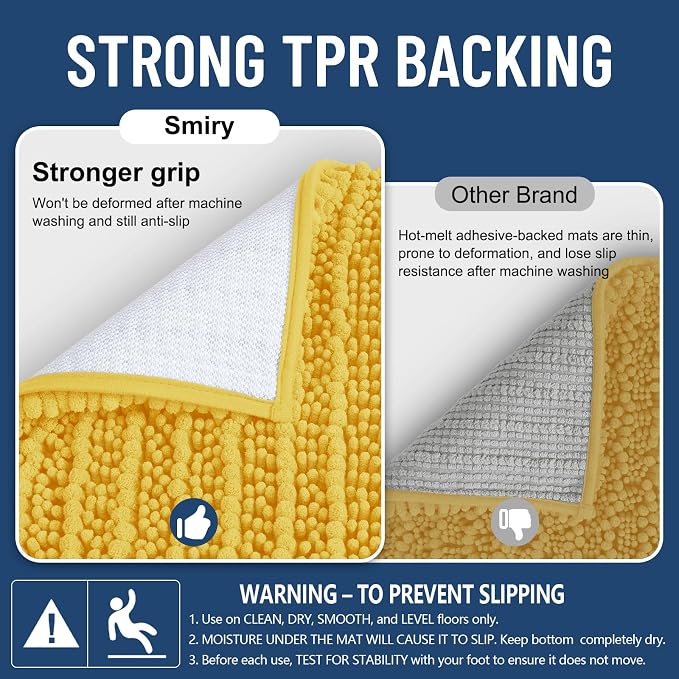 Smiry Bathroom Rugs 70X24, Extra Soft Rubber Backing Chenille Bath Mats | Yellow Machine Washable Non Slip Quick Dry Bath Mats for Bathroom Floor, Tub, Shower, Home Decor Accessories