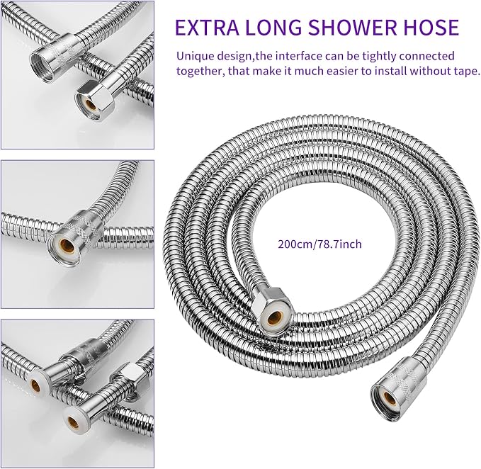 Chrome Shower Head Holder & Mount, Stainless Steel Hose, Handheld Shower Arm, Flexible Showerhead Replacement