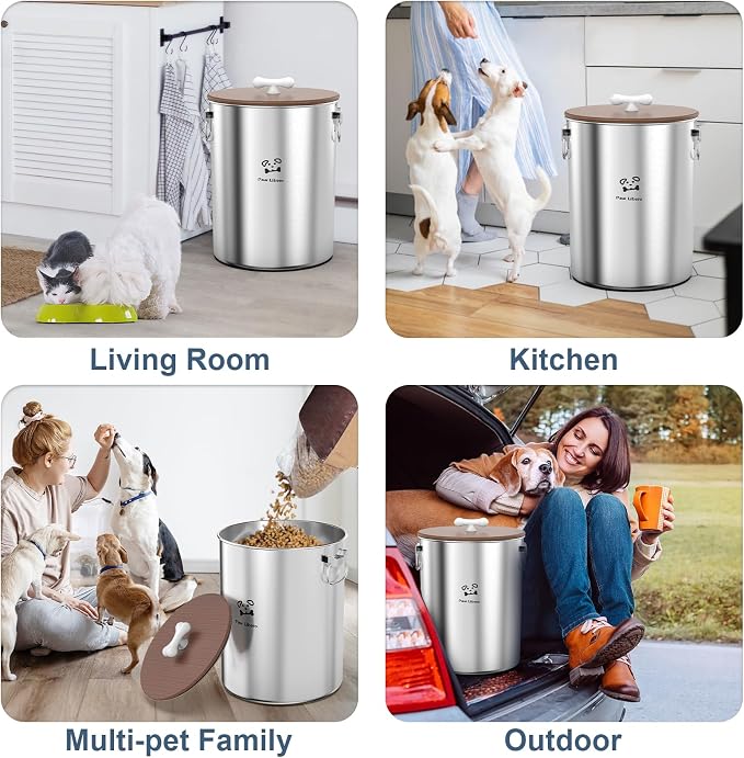 Paw Libero 25 Lbs Stainless Steel Dog Food Storage Container with Airtight Wooden Lid & Ceramic Bone Handle, Large Metal Dog Food Bin for Dogs & Cats, Keep Fresh, Easy to Clean