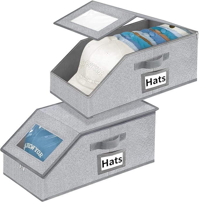 Stackable Hat Storage for Baseball Caps - Hat Organizer with Clear Window | 2PCS Stackable Storage with Clear Window Lid, Flip-Top Access, Space-Saving Hat Box for Closet, Breathable Fabric