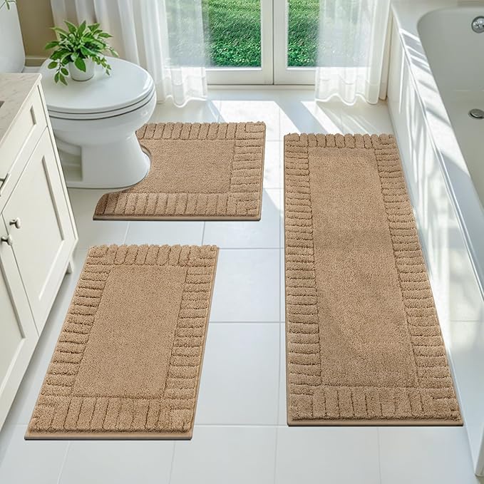 Pauwer Bathroom Rugs Sets 3 Piece, Microfiber Bath Mat Set, Khaki | Non Slip Washable, Soft Plush, Extra Absorbent Bath Mats, U Shaped Contour Toilet Rug for Bathroom