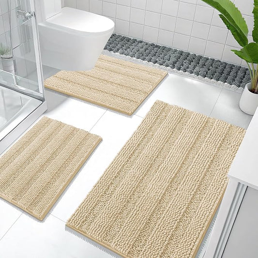 OLANLY Thick Chenille Bathroom Rugs Sets 3 Piece, 36"x24"+24"x16"+24"x20" | Beige, Absorbent Bath Mats and U-Shaped Contour Toilet Rug, Home Decor Accessories, Bath Mat Set for Bathroom