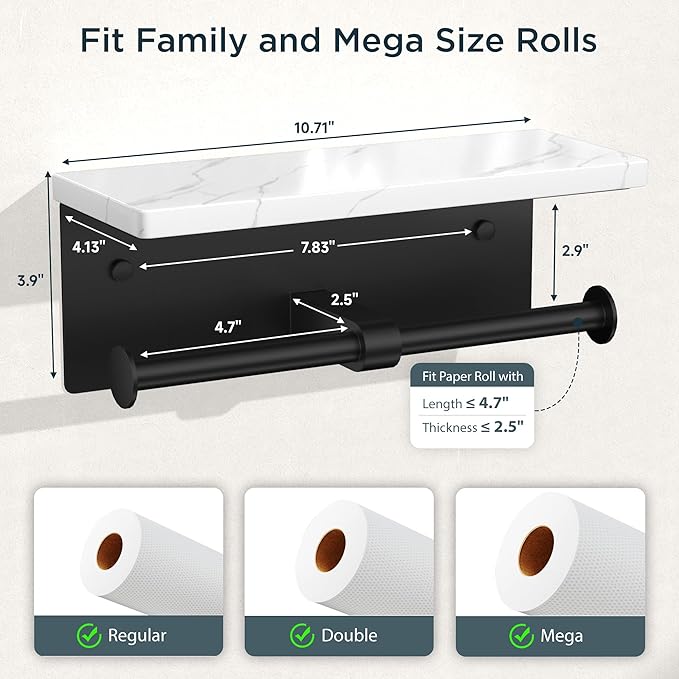FORIOUS Toilet Paper Holder with Shelf, Marble Wall Mount Tissue Roll Holder for Bathroom, Washroom, 304 Stainless Steel Double Commercial Toilet Tissue Dispensers with Phone Shelf, Matte Black