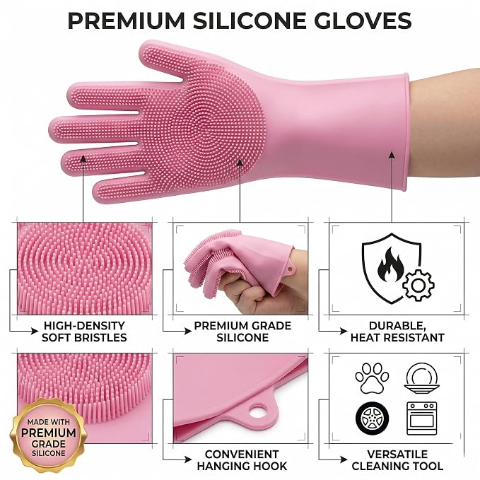 NVNAN Dog Bath Gloves for Washing, Pet Grooming Gloves with Shampoo Brush, Dog Bath Brush for Dogs and Cats, Essential Dog Bath Supplies (1 Pair, Pink)