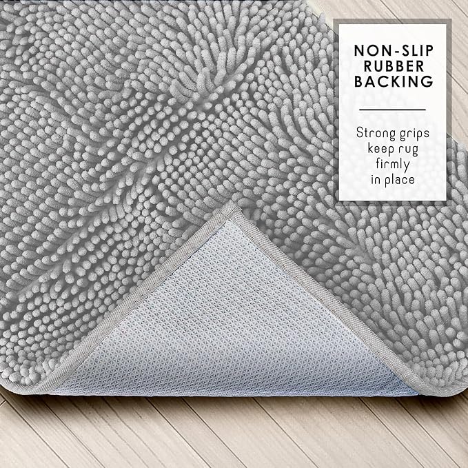 Hearth & Harbor Bathroom Rugs, Chenille Bath Mat - Machine Washable Bath Mats for Bathroom Non-Slip Backing Rubber, Quick Dry Mat - Silver Bath Rug, 17x24-20x32-20x24
