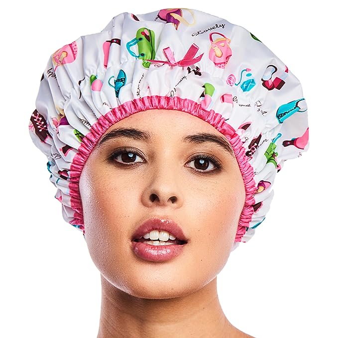 Betty Dain Fashionista Reusable Shower Cap, Diva, Lined | Oversized Waterproof Lined Bath Cap for All Hair Lengths, Elastic Stretch Hem Hair Hat