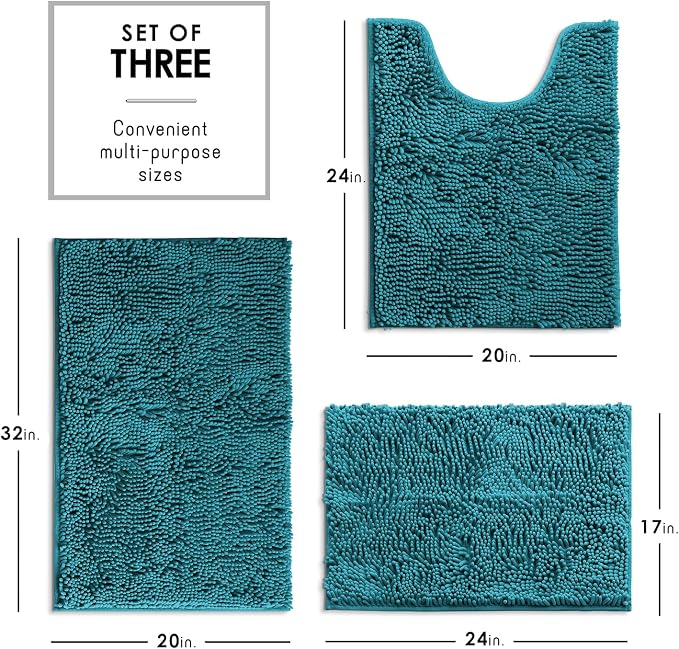 Hearth & Harbor Bathroom Rugs, Chenille Bath Mat - Machine Washable Bath Mats for Bathroom Non-Slip Backing Rubber, Quick Dry - Teal Blue Bath Rug, 17x24-20x32-20x24