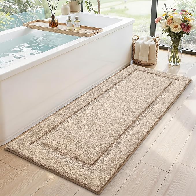 LUMI Ultra Soft Bathroom Runner Rugs, Non Slip Bath Mat 24x60, Beige | Machine Washable with Rubber Backing, Quick Dry, Premium Microfiber Carpet for Shower Floor