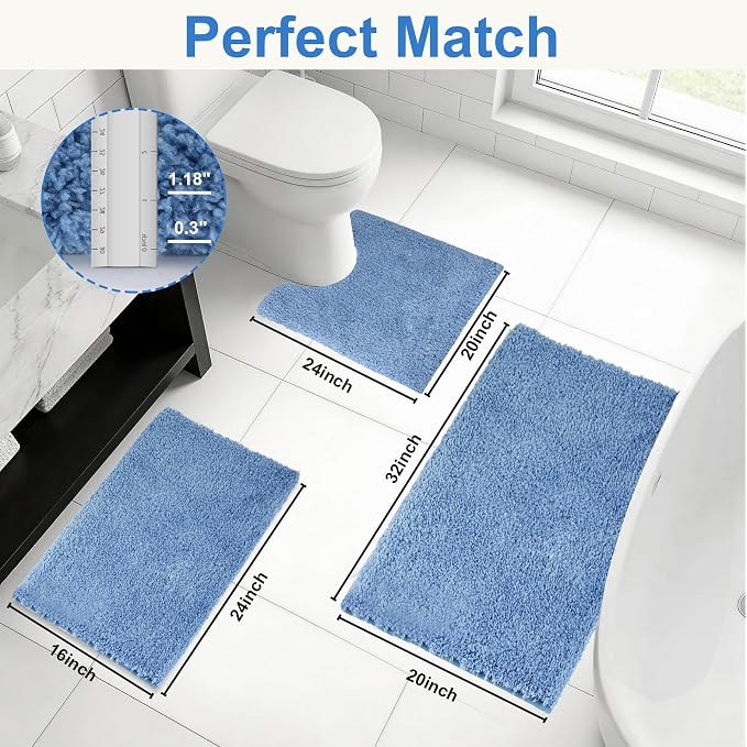 Bathroom Rugs Sets 3 Piece Non Slip Washable Bath Mat Set | Microfiber bath rug set with toilet mats for bathroom , Soft Absorbent toilet rug set TPR Rubber Backed bathroom floor mat