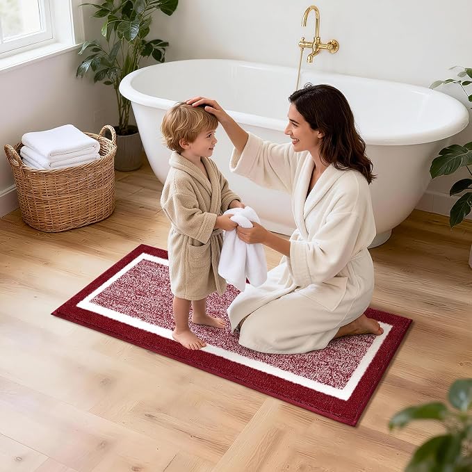 Pauwer Bathroom Rugs Set 5 Piece, Non Slip Microfiber Bath Mat, Red | Washable Bathroom Mat with U Shaped Toilet Rug, Long Shower Runner, Toilet Lid Cover, Quick Dry Absorbent Plush Floor Carpet