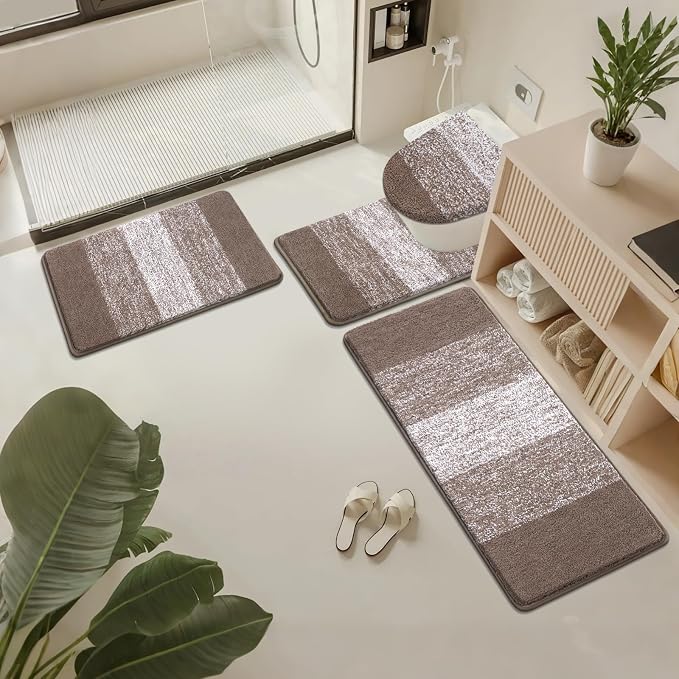 Bsmathom Bathroom Rug Set 4 Piece, Plush Microfiber Bath Mat, Coffee | Extra Water Absorbent, Non Slip Washable Runner Bath Rugs with Toilet Lid Cover and U-shaped Contour Toilet Mat