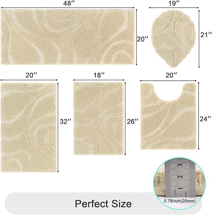 HEBE Bathroom Rugs Sets 5 Piece, Non Slip Washable Absorbent Bath Mat Set | Super Soft Plush Microfiber Bathroom Mats with Runner Set, Solid Bathmat with U-Shaped Toilet Rug Cover Set for Tub, Shower
