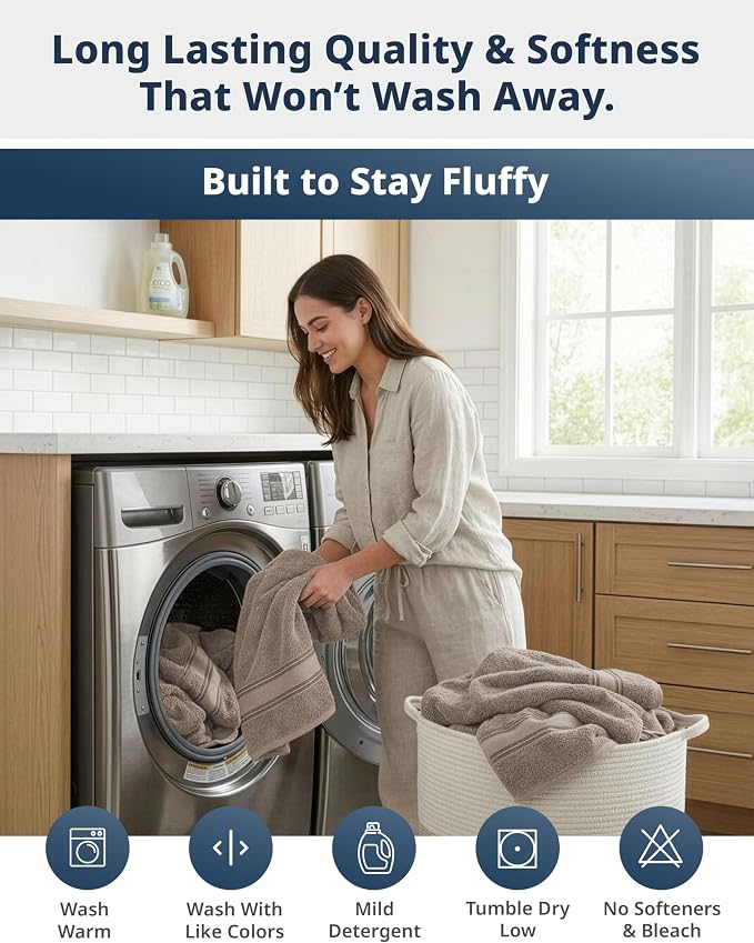 LANE LINEN Towel Set for Bathroom Soft Absorbent Quick Dry - Platinum | Set Of Towels - Dobby Border Accent, OEKO-TEX Certified, Zero-Twist Durability, Zero-Twist Cotton, Terry Weave Comfort