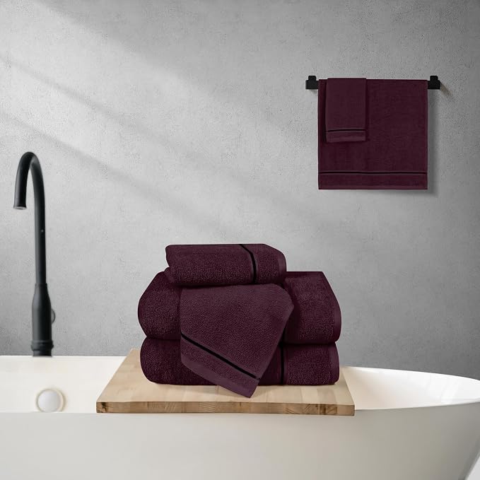 MyOwn Ultra Soft 6 Pack Cotton Towel Set, Contains 2 Bath Towels 28x55 inch, 2 Hand Towels 16x24 inch & 2 Wash Coths 12x12 inch, Ideal Everyday use, Compact & Lightweight - Burgundy