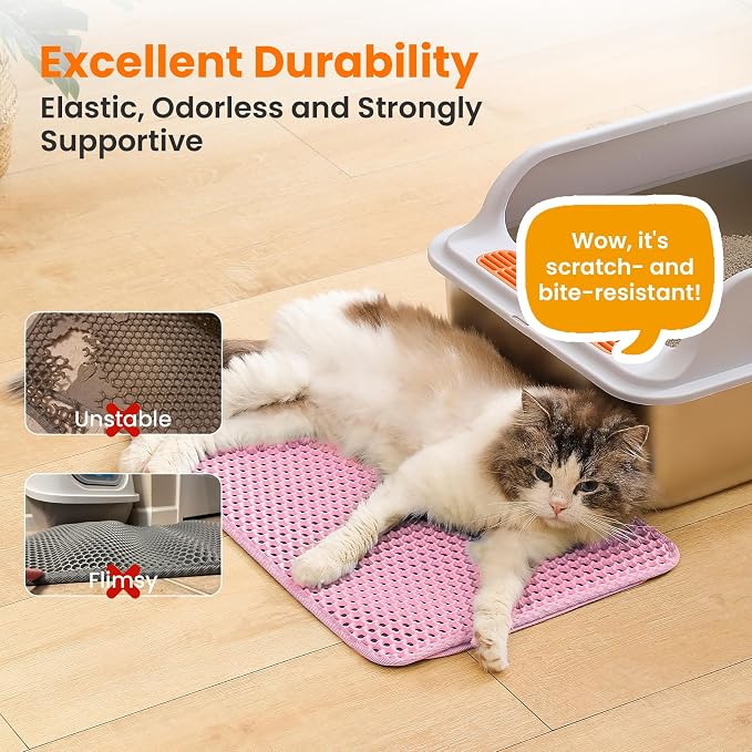 Small Cat Litter Mat, Double Layer Honeycomb Litter Box Mat | 20x14”, Reduces Litter Tracking, Waterproof, Non-Slip, Soft on Paws, Scratch Resistant, Easy to Clean, Pink