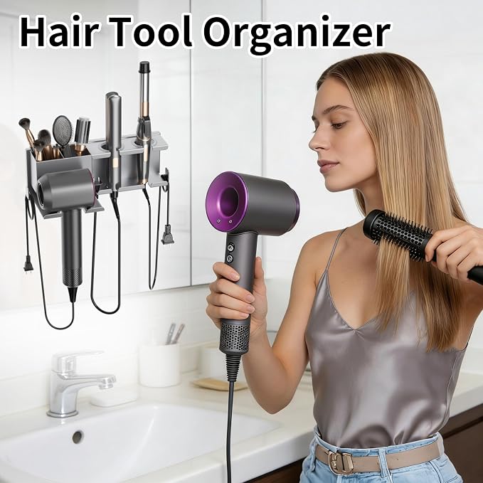 Hair Dryer Holder, Hair Tool Organizer, Blow Dryer Hanger Wall Mount for Dryer Hook, Bathroom Space-Saving Blow Dryer Organizer, Curling Irons Storage Wall Mounted (Gray)