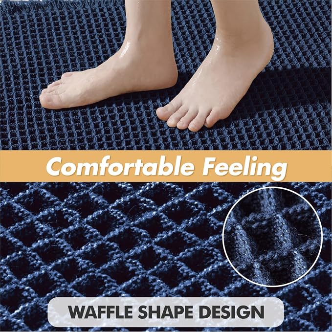 MIULEE Set of 2 Waffle Bathroom Rugs Navy Blue Bath Mat 17"x24"+20"x32" | Non Slip, Super Absorbent, Washable, Ultra Soft, Rubber Backed Bath Rugs for Bathroom Floor Tub Shower, Boho Decor