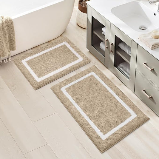 HOMEIDEAS Beige Bathroom Rugs Sets 2 Piece 20" x 32" + 16" x 24" | Super Soft and Absorbent Microfiber Tufted Bath Mats, Non-Slip and Machine Washable for Bathroom, Shower, Tub