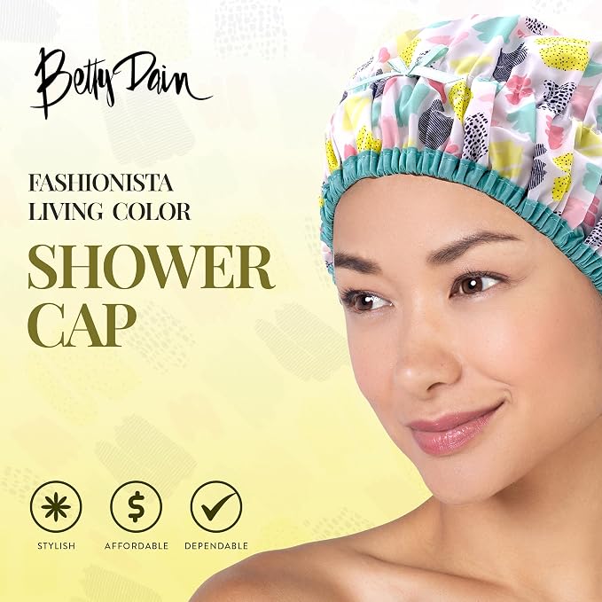Betty Dain Fashionista Reusable Shower Cap, Living Color | Oversized Waterproof PEVA Lined Bath Cap for All Hair Lengths, Elastic Stretch Hem Hair Hat