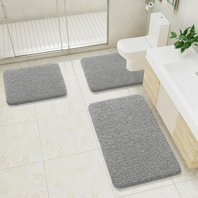 LOCHAS Bathroom Rugs Sets 3 Piece, Microfiber Bath Mat Set Non Slip, Grey | Washable Absorbent Toilet Rug, Shaggy Soft Cozy Quick Dry
