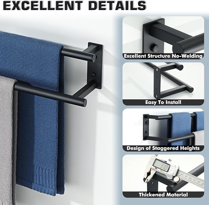 Alise Double Towel Bars for Bathroom,Wall Mount Towel Holder Towel Racks for Bathroom Lavatory,SUS304 Stainless Steel Towel Hanger Towel Rails,Matte Black,24 inch