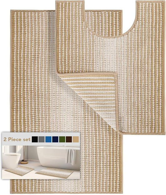 Bathroom Rugs Sets 2 Piece, 32"x20" + U-Shaped 24"x20", Beige | Ultra Soft Absorbent, Chenille Contour Toilet Rug, Non Slip Striped, Quick Dry Machine Washable, Shower Rug for Bathroom
