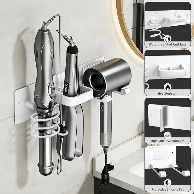 Hair Dryer Holder Hair Tool Organizer Metal Wall Mount (White) | Heat Resistant Hair Tool Organizer, Metal Wall Mount Storage, Bathroom Counter Space Saver, Blow Dryer Holder
