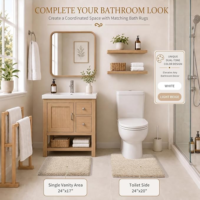 Yimobra Toilet Rugs U Shaped 24X20, Ultra Soft and Water Absorbent Bath Mats, Non Slip Fluffy Luxury Microfiber Contour Bath Rugs for Toilet, Dry Quick, Machine Washable, Light Beige and White