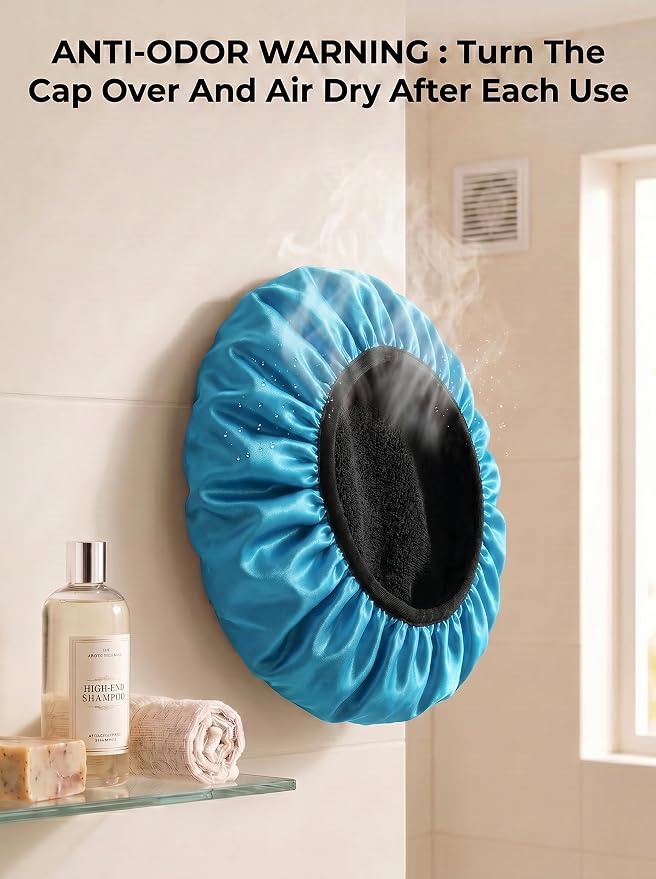 Aquior Shower Cap,Extra Large Triple Layer Bathing Cap with Dry Hair Function for Women Microfiber Terry Cloth Silky Satin 100% Waterproof Reusable Long Hair Bath Caps (Blue)