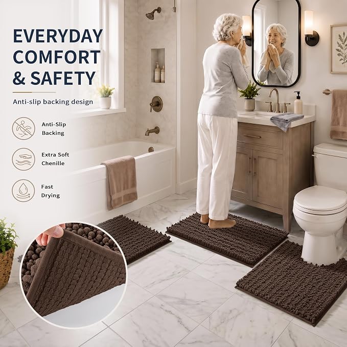 Yimobra Brown Bathroom Rug Set 3 Piece, Super Water Absorbent Bath Mat Set | Quick Dry Soft Chenille Bath Rugs & Toilet Rug, Non Slip Machine Washable, Extra Thick Shaggy Floor Mat for Shower Tub Sink