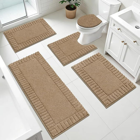 Pauwer Bathroom Rugs Set 5 Piece, Microfiber Bath Mat Set, Khaki | Non Slip Washable Bath Mat with U Shaped Toilet Rug, Plush Absorbent Shower Rug, Toilet Lid Cover, Quick Dry Floor Carpet