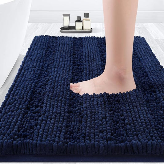 ACCUMTEK Striped Navy Blue Bathroom Rug Mat 32"x20" Ultra Soft, Non Slip Chenille Bath Rugs, Absorbent Plush Shaggy Bath Mats for Bathroom, Bedroom, Kitchen, Shower, Tub
