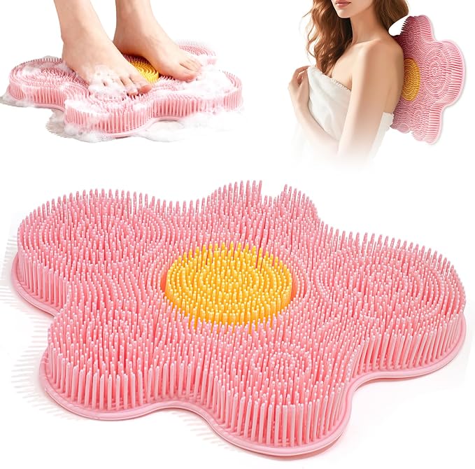 Shower Foot Scrubber Mat Silicone Back Scrubber Exfoliating Wall-Mounted, Feet Cleaner Message with Suction Cups Extra Long Bristles Washer Pad without Bending for Use in Shower Floor Women Pink