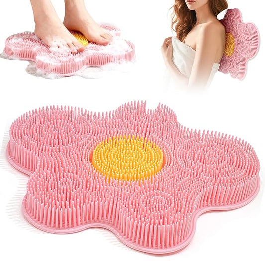 Shower Foot Scrubber Mat Silicone Back Scrubber Exfoliating Wall-Mounted, Feet Cleaner Message with Suction Cups Extra Long Bristles Washer Pad without Bending for Use in Shower Floor Women Pink